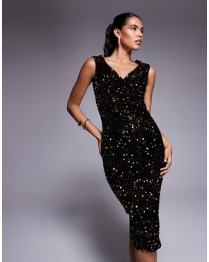 Goddiva Multi Sequin & Velvet Bardot Midi Dress - Black
