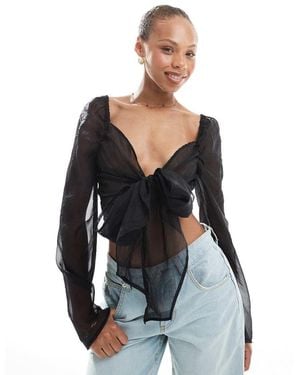 Object Sheer Organza Wrap Front Top - Black