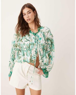 Hope & Ivy Ruched Tie Front Balloon Sleeve Top - Blue