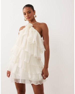 Gina Tricot Mini Ruffle Halterneck Mini Dress With Rose Corsage - Natural
