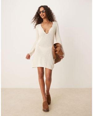 Vila Long Sleeve Crochet Mini Dress - Natural