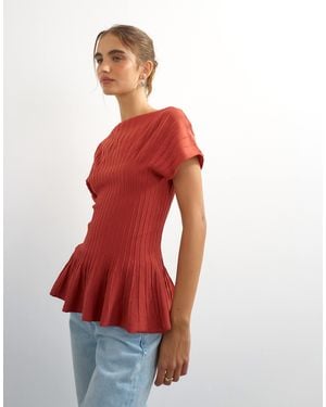 TOPSHOP Knitted Grown On Short Sleeve Peplum Top - Red