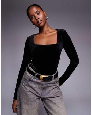 New Look Velvet Squareneck Bodysuit - Grey