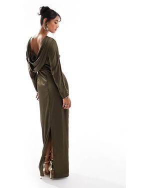 TFNC London Long Sleeve Satin Cowl Back Maxi Dress - Green