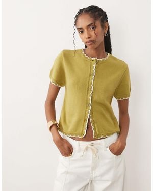 Miss Selfridge Short Sleeve Knitted Blanket Stitch Cardigan - Green