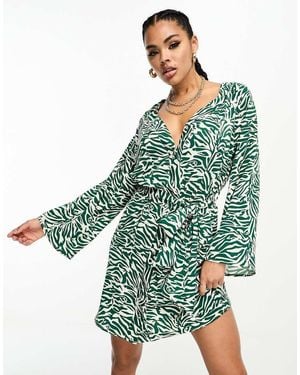 I Saw It First Flared Sleeve Tie Waist Mini Dress - Green