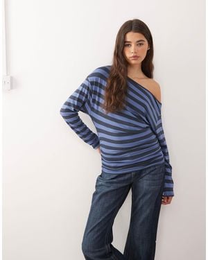 Collusion Off-shoulder Long Sleeve Stripe Top - Blue