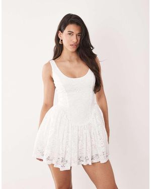 Aria Cove Lace Scoop Neck Corset Detail Frill Hem Mini Dress - White