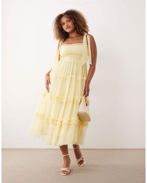 Lace & Beads Plus Bridesmaid Bow Shoulder Tulle Midi Dress - Natural