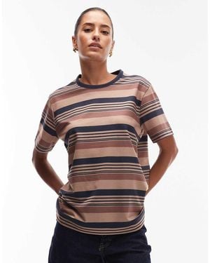 ASOS T-Shirt Vestibilità Classica Marrone A Righe Con Bordi A Contrasto - Grigio