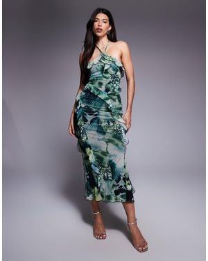ASOS Ruffle Waterfall Halter Midi Dress - Blue
