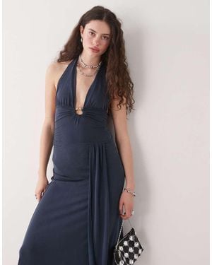 Motel Ryoko Wrap Detail Slinky Midaxi Halter Dress - Blue