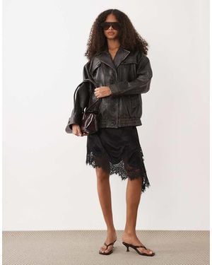 Mango 100% Leather Oversized Jacket - Black