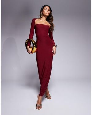 Kaiia Exclusive Double Laye Slinky Bandeau Maxi Dress With Long Sleeve Shrug - Red