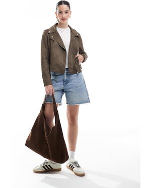 Vero Moda Faux Leather Biker Jacket With Washed Effect - Blue