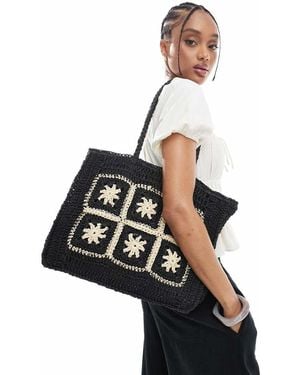 New Look Flower Raffia Tote Bag - Black