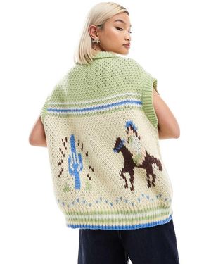 Bailey Rose Oversized Zip Up Retro Knitted Vest With Cowboy Print - Grey