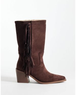 SIMMI Simmi London Tevy Mid Ankle Cowboy Boots With Fringe - Brown
