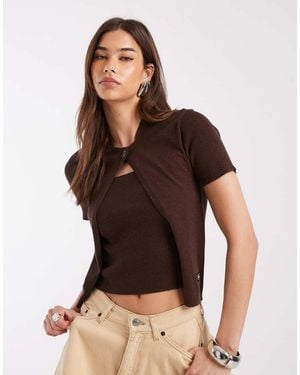 laagam Gala Knit Top With Cardigan Overlay - Brown