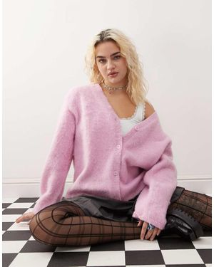 Monki Fluffy Yarn Knitted Cardigan With V Neck - Pink