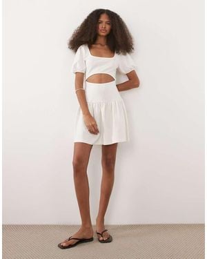 ASOS Puff Sleeve Cut Out Detail Mini Dress - Natural