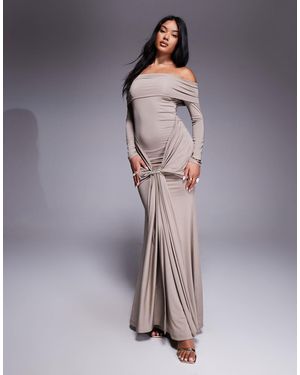 Aria Cove Deep Bardot Gold Hardware Front Drape Detail Maxi Dress - White
