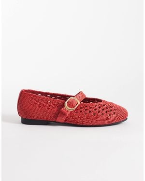 SEQWL Wide Fit Woven Ballet Flat With Buckle Detail - Red