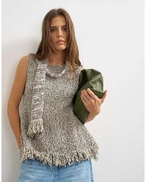 TOPSHOP Knitted Sleeveless Fringing Peplum Scarf Top - Brown