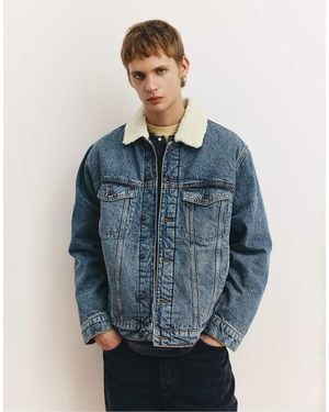 Pull&Bear Denim Jacket With Faux Shearling Collar - Blue