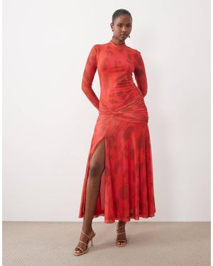 Bardot Mesh Mock Neck High Split Maxi Dress - Red