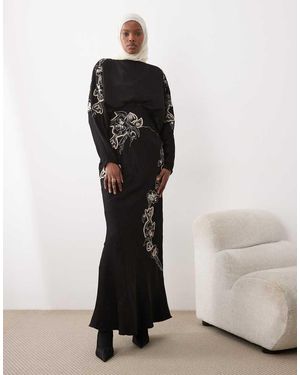 ASOS Satin Blouson Batwing Maxi Dress With Lace Applique And Floral Embroidery - Black