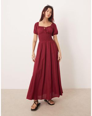esmé studios Esmee Puff Sleeve Tie Front Maxi Beach Dress - Red