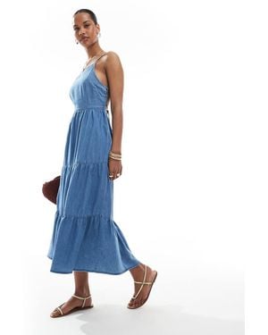 ONLY Vestido Semilargo Azul Cambray Escalonado De Tirantes Con Espalda Descubierta De