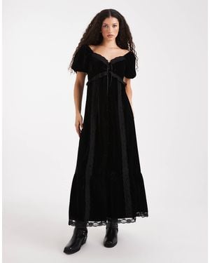 Miss Selfridge Robe longue en velours et dentelle avec manches bouffantes - Noir