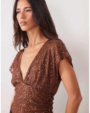 Miss Selfridge Sequin V-neck Top With Gathered Waist - Brown