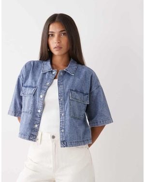 Noisy May Short Sleeve Boxy Denim Shirt - Blue