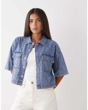 Noisy May Camicia Di Jeans Squadrata A Maniche Corte Slavato - Blu