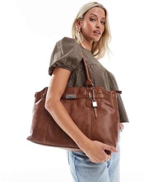 Bershka Faux Leather Work Bag With Chain Detail - Brown