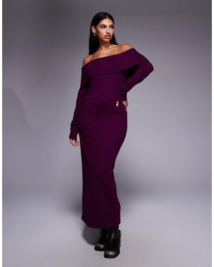 Kaiia Exclusive Slouchy Off The Shoulder Foldover Knit Maxi Dress - Purple