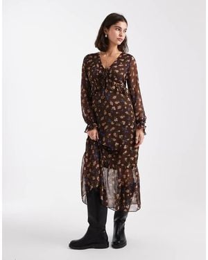 New Look V Neck Chiffon Midi Dress - Brown