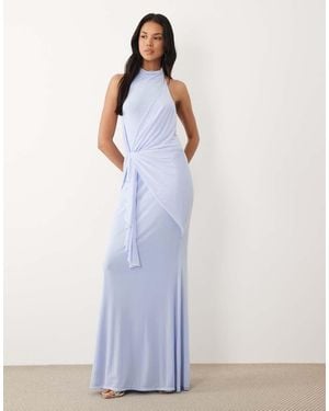ASOS Mesh High Neck Maxi Dress With Draped Frill Detail - Purple