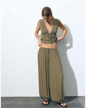 Pull&Bear Sarouel Crepe Trousers - Green