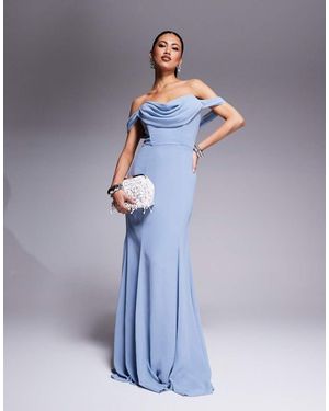 Goddiva Chiffon Bardot Cowl Neck Maxi Dress - Blue