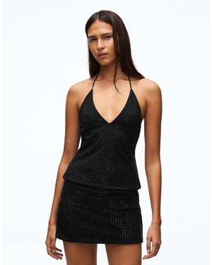 Bershka Rhinestone-effect Halter Top - Black