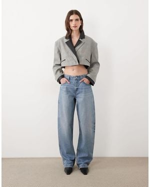 ASOS Blazer coupe carrée avec détail à double col en imitation cuir à carreaux - Bleu