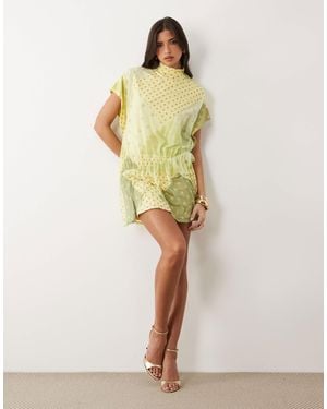 ASOS Printed Spliced Polka Dot Asymmetric Blouson Mini Dress With Angel Sleeve - Green