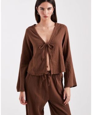 ONLY Tie Front Long Sleeve Cheesecloth Top - Brown