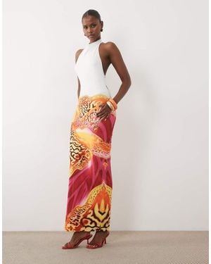 Murci Vestito Maxi Fasciante Con Collo Alto, Schiena Aperta E Dettagli A Fascette, Stampa Floreale Bianca E Rosa - Bianco