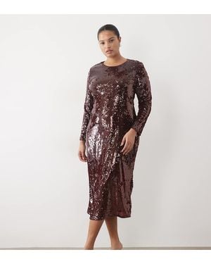 Vila Curve Vestito Midi Con Maniche Lunghe E Paillettes Bordeaux - Rosso