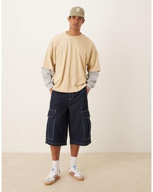 ASOS Long Length Denim Jorts With Double Pleats - Natural
